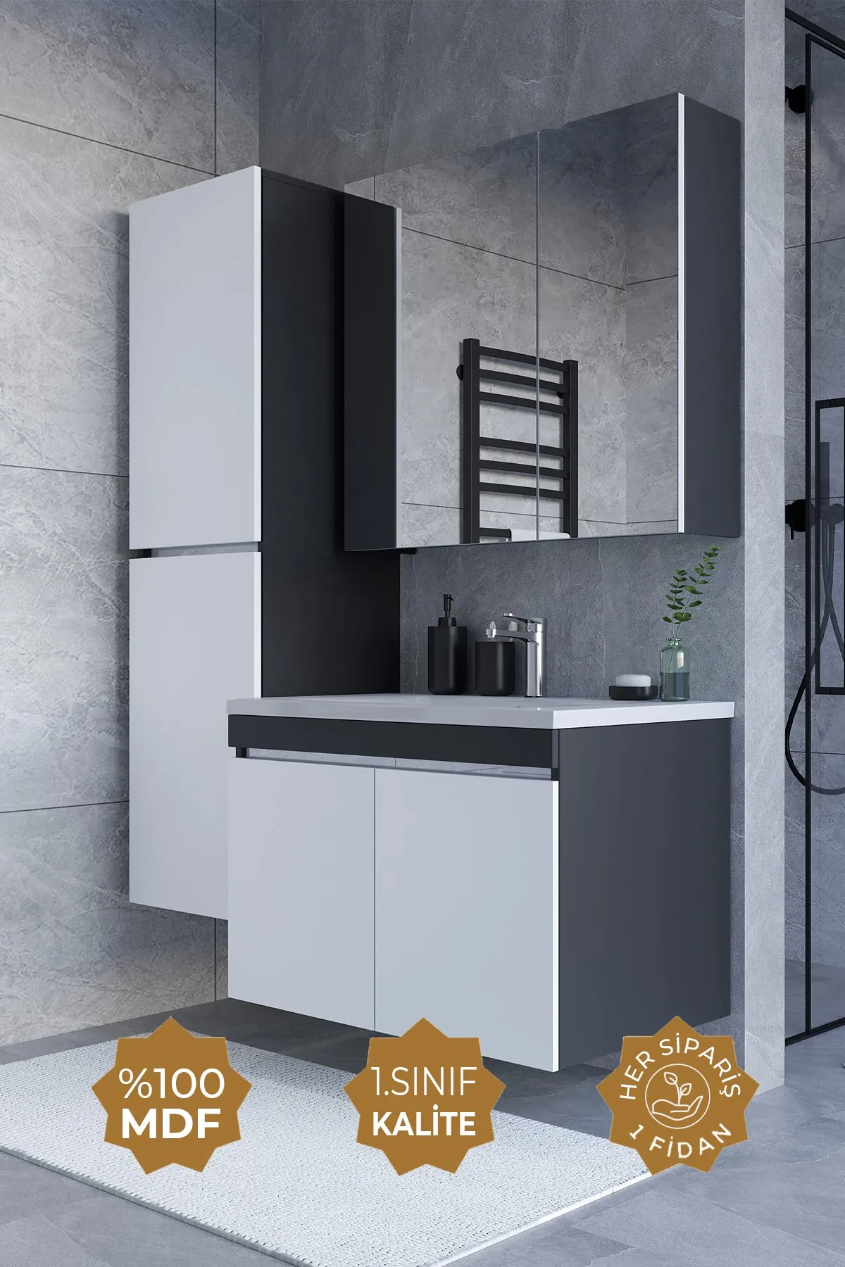 Tokyo 65cm Antrasit-beyaz Mdf Banyo Dolabı Seti
